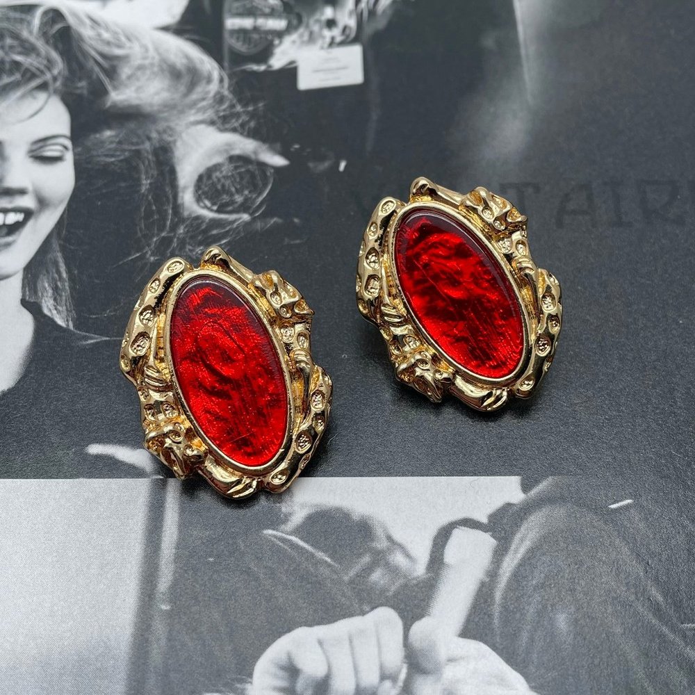 VOLTAIRE Designer Red Enamel Pierced Retro Earrings NWOT